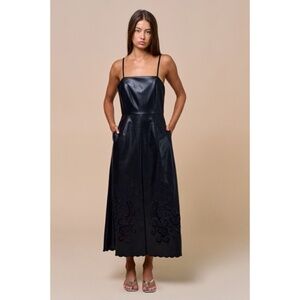 Black Faux Leather Scalloped Lace Design Hem Maxi Cocktail Party Dress